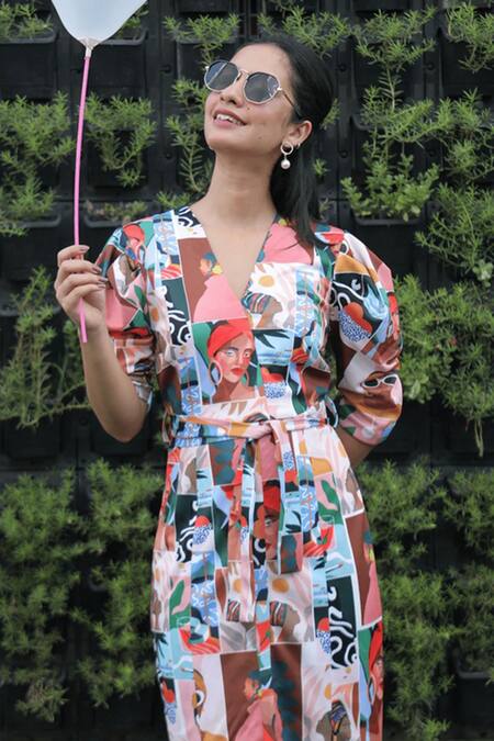 Shop_Fuga_Multi Color Lycra V-neck Abstract Pattern V Dress With Belt _Online_at_Aza_Fashions