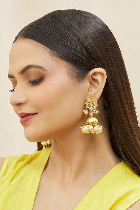 Shop Kista Gold Plated Pearl, Stone Floral Shaped Jhumkas Online at Aza Fashions Shop_Kista_Gold Plated Pearl, Stone Floral Shaped Jhumkas_Online_at_Aza_Fashions
