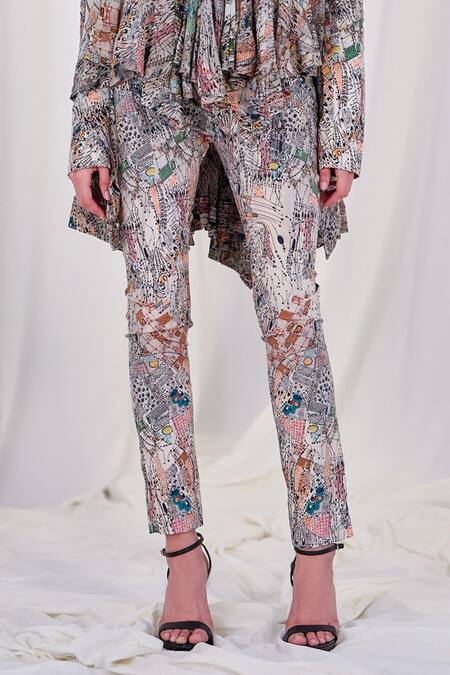 Shop AK-OK White Silk V-neck Abstract Print Top And Pant Set Online at Aza Fashions Shop_AK-OK_White Silk V-neck Abstract Print Top And Pant Set _Online_at_Aza_Fashions