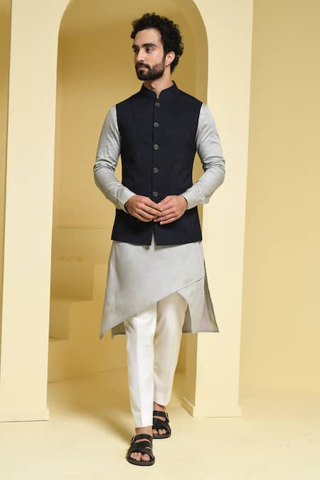 Shop_Kustomeyes_Blue Cotton, Silk Embroidery Floral Bundi And Kurta Set _Online_at_Aza_Fashions