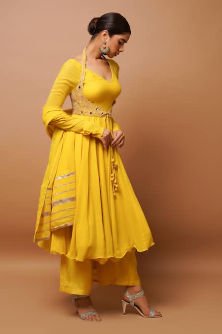Shop Ahi Clothing Yellow Georgette, Linen Embroidery, Gota Patti, Gathered Sleeve Anarkali Set Online at Aza Fashions Shop_Ahi Clothing_Yellow Georgette, Linen Embroidery, Gota Patti, Gathered Sleeve Anarkali Set _Online_at_Aza_Fashions