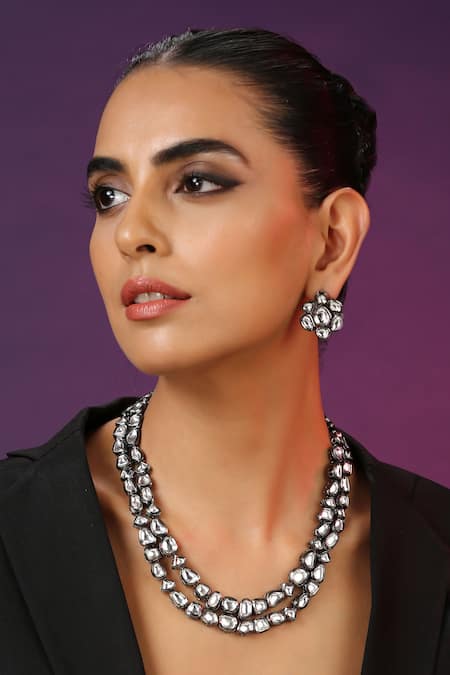 Shop_Swabhimann_Silver Plated Diamonds, Stones Layered Kundan Necklace Set _Online_at_Aza_Fashions