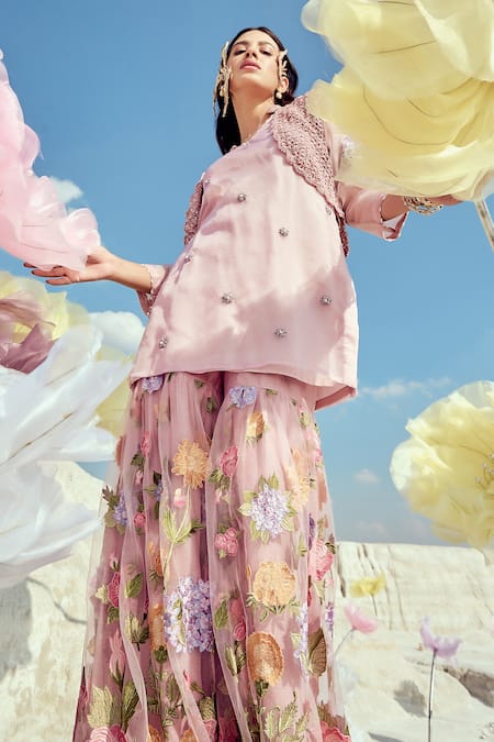 Shop_Nikita Vishakha_Purple Silk Organza, Modal, Net Embroidery, Embellished Kurta Set With Jacket _Online_at_Aza_Fashions