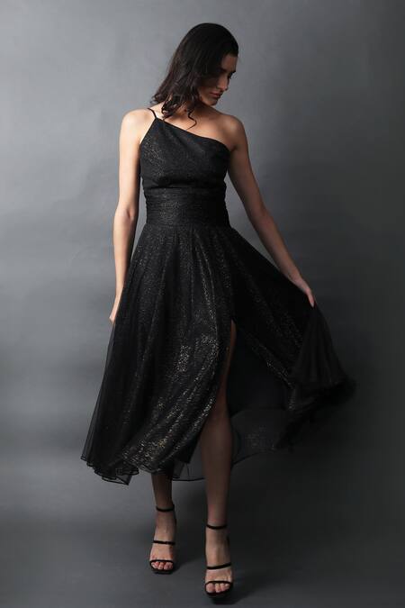 Shop_Swatee Singh_Black Crystals One Shoulder Strappy Flared Dress_Online_at_Aza_Fashions