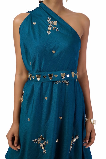 Shop_Meghna Shah_Blue Denim Beads, Sequins, Cut Work, Mirrors One Shoulder Draped Dress _Online_at_Aza_Fashions