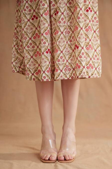 Buy_Nikasha_Red Viscose Embroidery Keyhole Neck Mughal And Floral Print Dress _Online_at_Aza_Fashions