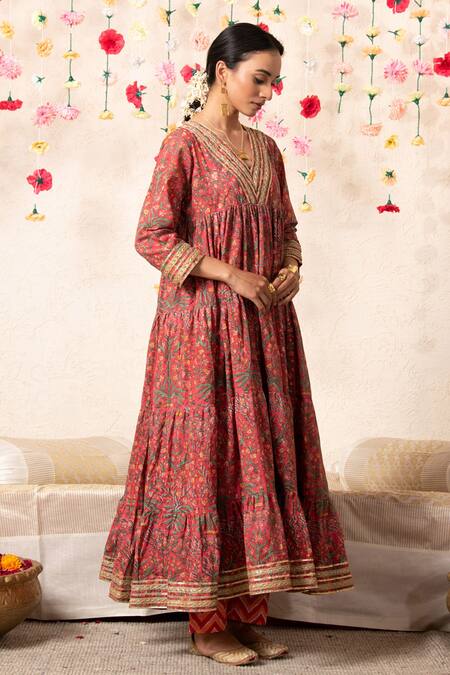Shop_Marche_Peach Cotton V Neck Hand Block Print Anarkali Set _Online_at_Aza_Fashions