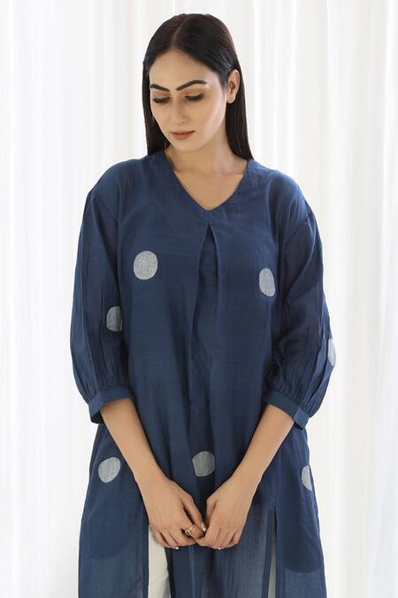 Shop_Khat_Blue Cotton V-neck Handwoven Polka Pattern Tunic And Pant Set _Online_at_Aza_Fashions