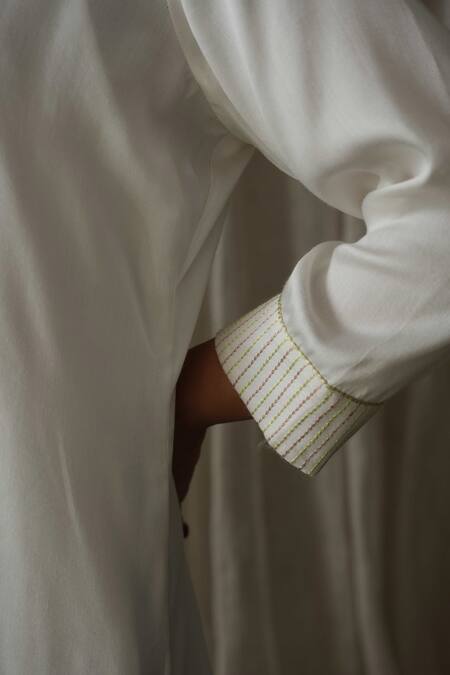 Shop_Kanika Sharma_White Modal, Muslin Pearls, Embroidery Scoop Neck Placement Kurta Set _Online_at_Aza_Fashions