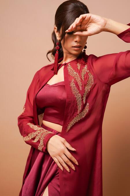 Shop Ahi Clothing Wine Satin Zari Sweetheart , Round Embroidered Jacket Skirt Set Online at Aza Fashions Shop_Ahi Clothing_Wine Satin Zari Sweetheart , Round Embroidered Jacket Skirt Set _Online_at_Aza_Fashions