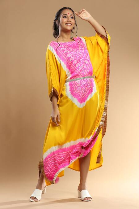 Shop_Etasha By Asha Jain_Pink Silk Tassels Round Neck Asymmetric Bandhani Pattern Kaftan _Online_at_Aza_Fashions