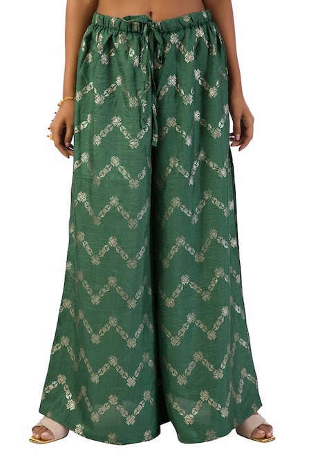 Shop Meghna Shah Green Denim, Silk Beads, Stones Round Printed Palazzo Set With Embroidered Kurta Online at Aza Fashions Shop_Meghna Shah_Green Denim, Silk Beads, Stones Round Printed Palazzo Set With Embroidered Kurta _Online_at_Aza_Fashions