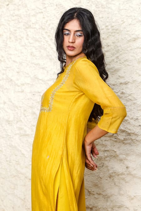 Shop_Tatwa_Yellow Handloom Cotton, Viscose Embroidery Round Neck Yoke Kurta And Pant Set _Online_at_Aza_Fashions