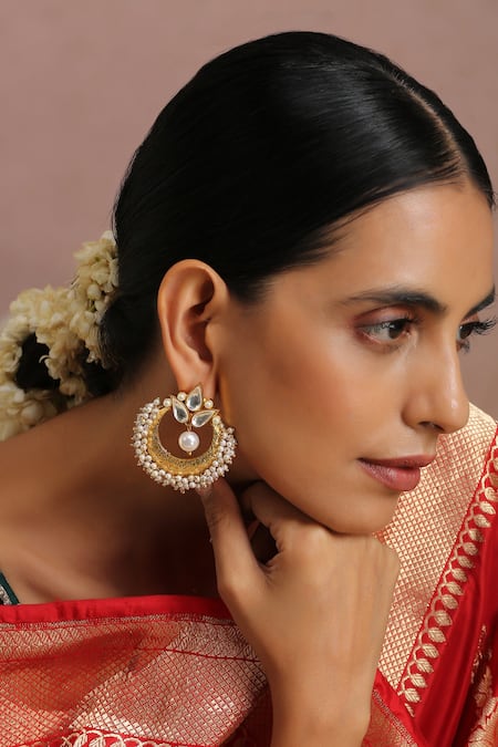 Shop_Swabhimann_Gold Plated Pearls, Cut Work Polki Embellished Chandbalis _Online_at_Aza_Fashions