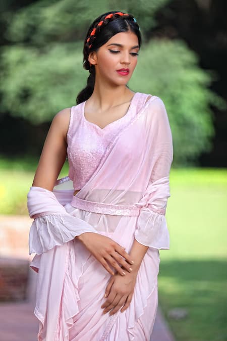 Shop_Tarini Vij_Pink Georgette Sequin Plunge V Neck Ruffle Layered Saree With Blouse _Online_at_Aza_Fashions