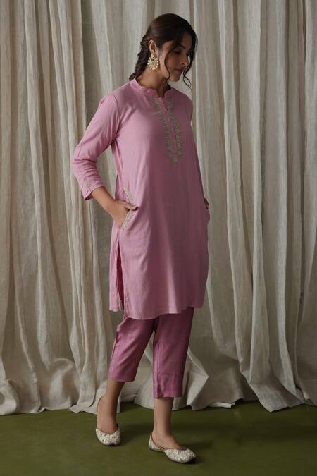 Shop Kanika Sharma Pink Modal Pearls Mandarin Collar Crinkled Cotton Embroidered Kurta And Pant Set Online at Aza Fashions Shop_Kanika Sharma_Pink Modal Pearls Mandarin Collar Crinkled Cotton Embroidered Kurta And Pant Set _Online_at_Aza_Fashions