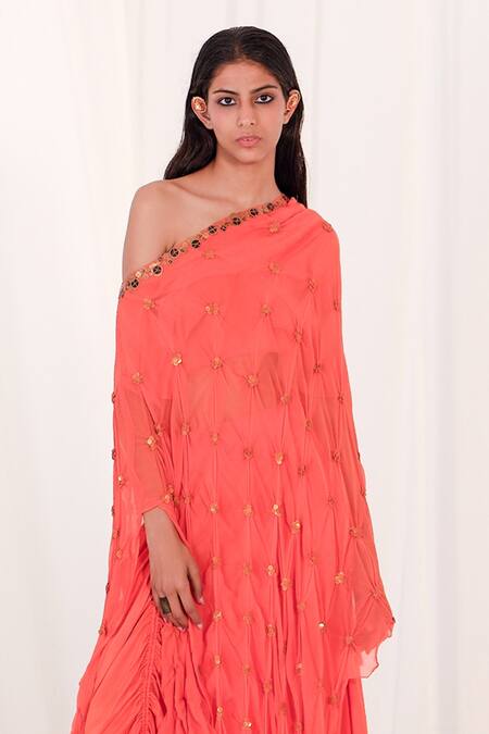 Shop_AK-OK_Orange Cotton Beads, Embroidery Asymmetric Tunic And Skirt Set _Online_at_Aza_Fashions