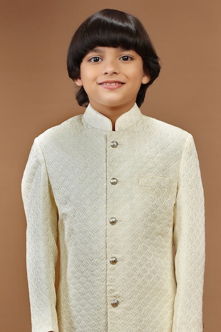 Shop_Kora By Nilesh Mitesh_Cream Silk Embroidery Thread Sherwani Set_Online_at_Aza_Fashions