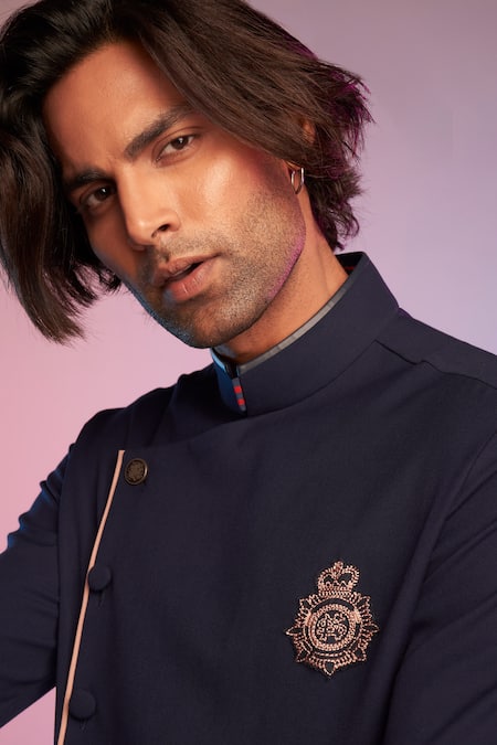 Shop_S&N By Shantnu Nikhil_Blue Terylene, Viscose And Lycra Thread Draped Kurta_Online_at_Aza_Fashions