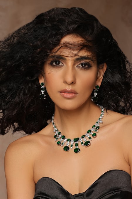 Shop_Swabhimann_Green Crystals Zirconia Embellished Necklace Set _Online_at_Aza_Fashions