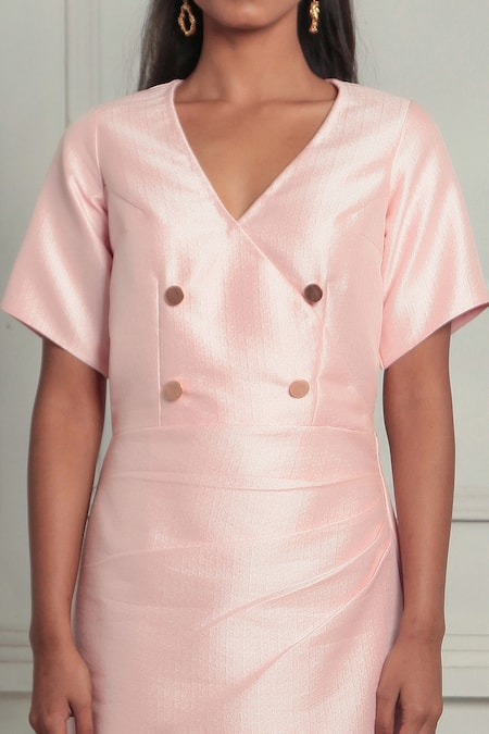 Shop_Couché By Anandini_Pink Tussar Embroidery V-neck Tussord Tweed Midi Dress _Online_at_Aza_Fashions