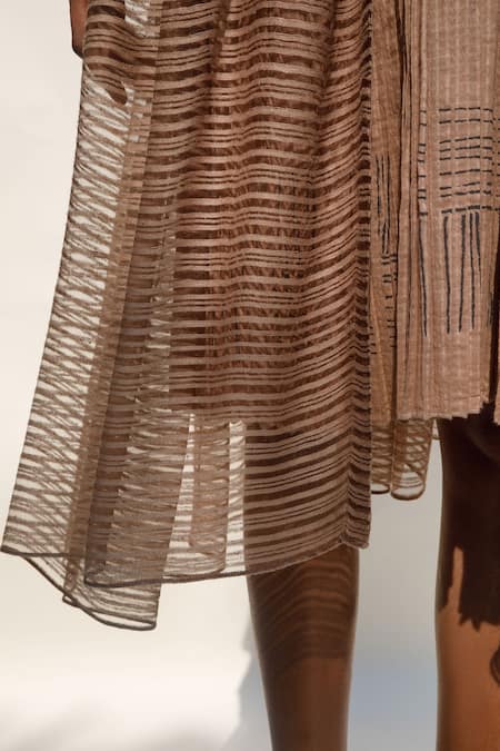 Shop_Urvashi Kaur_Beige Linen Open Neck Misty Pleated Overlay _Online_at_Aza_Fashions