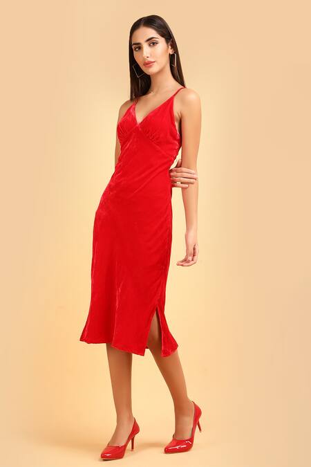 Shop_Label Ivish_Red Silk, Velvet Plunge Neck Gathered Yoke Dress _Online_at_Aza_Fashions