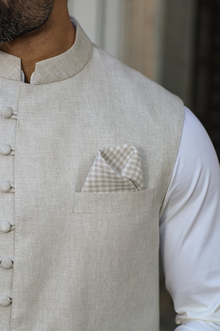 Shop_Raw & Rustic By Niti Bothra_Beige Linen Bundi And Pant Set _Online_at_Aza_Fashions