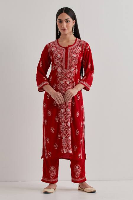 Shop Priya Chaudhary Red Cotton, Chiffon Embroidery Split V-neck Chikankari Kurta Set Online at Aza Fashions Shop_Priya Chaudhary_Red Cotton, Chiffon Embroidery Split V-neck Chikankari Kurta Set _Online_at_Aza_Fashions