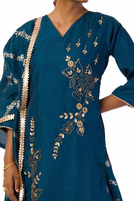 Shop Meghna Shah Blue Denim Beads, Stones V-neck V Kurta Palazzo Set Online at Aza Fashions Shop_Meghna Shah_Blue Denim Beads, Stones V-neck V Kurta Palazzo Set _Online_at_Aza_Fashions