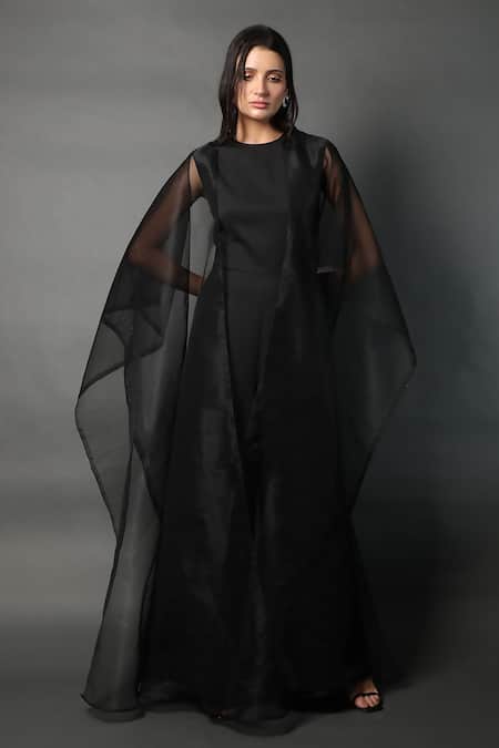 Shop_Swatee Singh_Black Crepe, Organza Round Neck Drape Jumpsuit _Online_at_Aza_Fashions