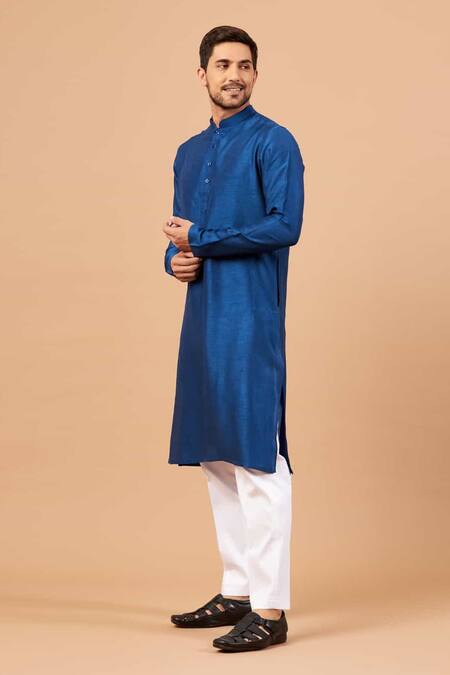 Shop_Hilo Design_Blue Cotton, Lycra, Silk Solid Straight Kurta Set _Online_at_Aza_Fashions