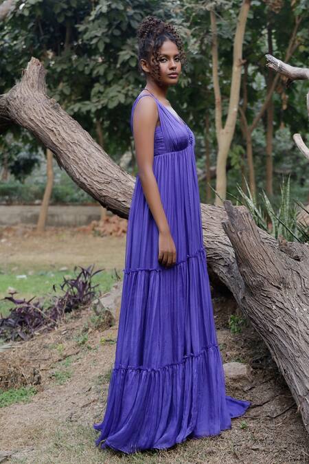 Buy Zwaan Purple Chiffon, Satin Sweetheart Neck Tiered Flared Gown Online at Aza Fashions Buy_Zwaan_Purple Chiffon, Satin Sweetheart Neck Tiered Flared Gown_Online_at_Aza_Fashions
