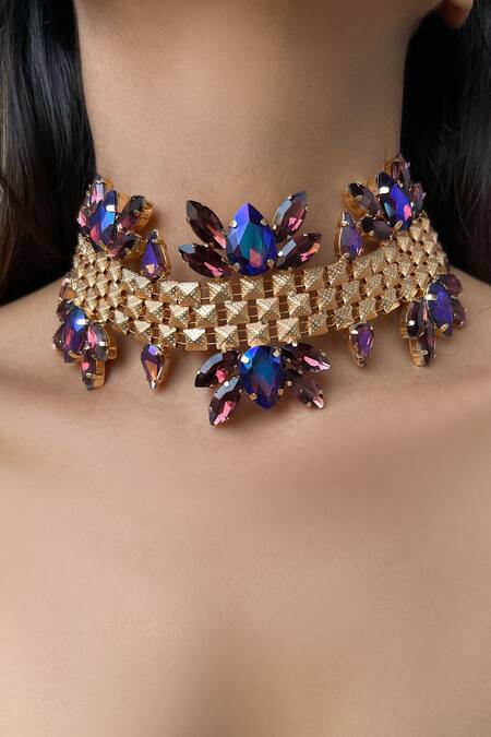 Buy_The Jewel Factor_Purple Crystal Embellished Choker_Online_at_Aza_Fashions