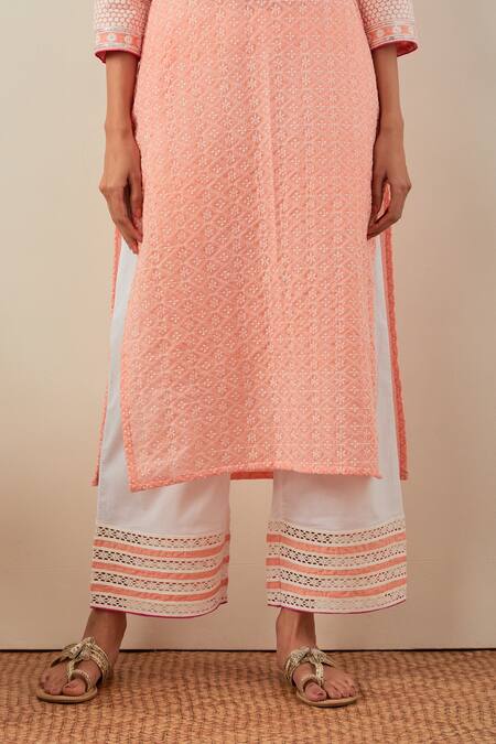 Shop The Indian Cause Peach Cotton Embroidery Chikankari Round Rooh Kurta And Palazzo Set Online at Aza Fashions Shop_The Indian Cause_Peach Cotton Embroidery Chikankari Round Rooh Kurta And Palazzo Set _Online_at_Aza_Fashions