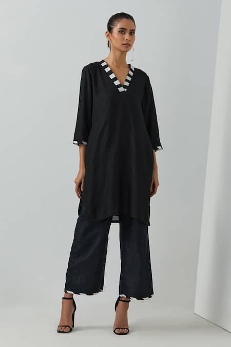 Shop_The Indian Cause_Black Chanderi V-neck Short Kurta_Online_at_Aza_Fashions