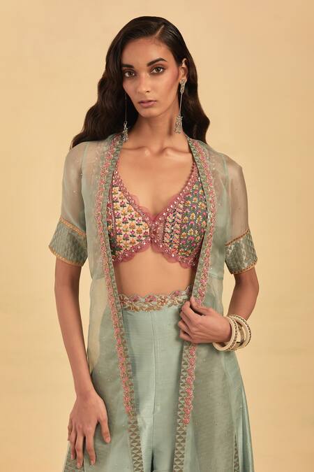 Shop Aum By Asit And Ashima Blue Silk Embroidery Zari V Neck Placement Cape Palazzo Set Online at Aza Fashions Shop_Aum By Asit And Ashima_Blue Silk Embroidery Zari V Neck Placement Cape Palazzo Set_Online_at_Aza_Fashions