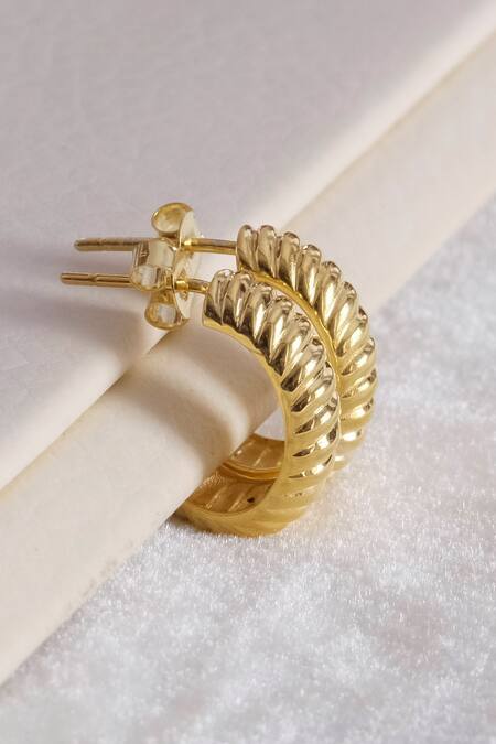 Shop_Anushka Jain Jewellery_Gold Plated Mini Lined Hoops_Online_at_Aza_Fashions