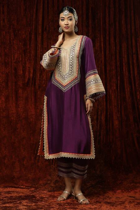 Shop Shikhar Sharma Purple Silk Chanderi Embroidered Pearl Leaf Neck Full Sleeve Kurta Pant Set Online at Aza Fashions Shop_Shikhar Sharma_Purple Silk Chanderi Embroidered Pearl Leaf Neck Full Sleeve Kurta Pant Set _Online_at_Aza_Fashions