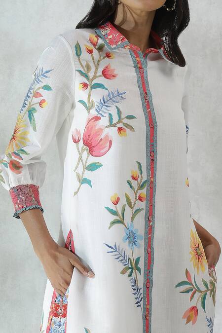 Shop_RANNA GILL_Multi Color Viscose Linen Print Floral Bouquet Collared Neck Kurta _Online_at_Aza_Fashions