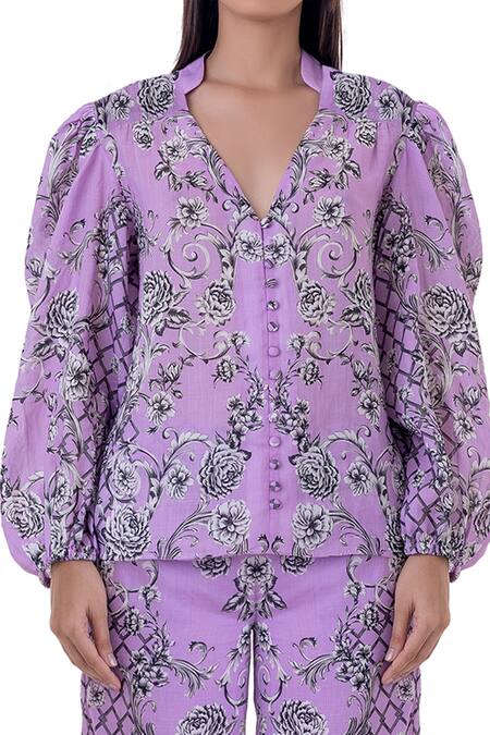 Shop_Gaya_Purple Linen Printed Floral Mandarin Collar Blouson Sleeve Top And Pant _Online_at_Aza_Fashions