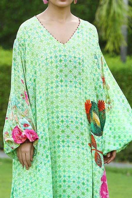 Shop Shilpi Gupta Green Viscose Crepe Floral, Geometric V Neck Print Dress Online at Aza Fashions Shop_Shilpi Gupta_Green Viscose Crepe Floral, Geometric V Neck Print Dress _Online_at_Aza_Fashions