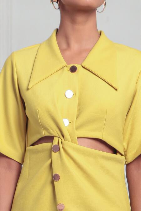 Shop_Couché By Anandini_Yellow Crepe Shawl Neck Solid Cut Out Shirt Dress _Online_at_Aza_Fashions