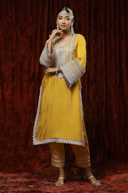 Shop Shikhar Sharma Yellow Silk Chanderi Embroidered Pearl V Neck Kurta Pant Set Online at Aza Fashions Shop_Shikhar Sharma_Yellow Silk Chanderi Embroidered Pearl V Neck Kurta Pant Set _Online_at_Aza_Fashions