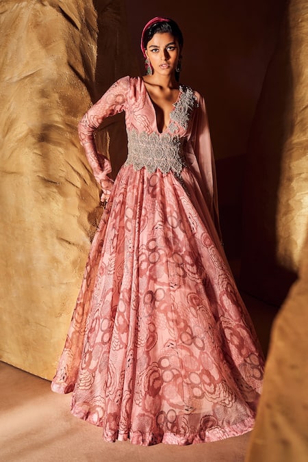 Shop Bhumika Sharma Pink Organza Embroidery V-neck Bahaar Print Anarkali Online at Aza Fashions Shop_Bhumika Sharma_Pink Organza Embroidery V-neck Bahaar Print Anarkali _Online_at_Aza_Fashions