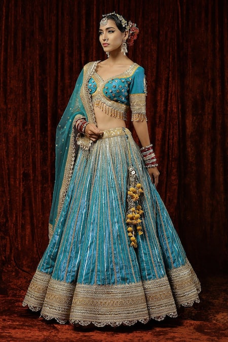 Buy_Shikhar Sharma_Blue Lehenga And Blouse Cotton Shimmer Chanderi Embroidered Gota Paan Bridal Set _Online_at_Aza_Fashions