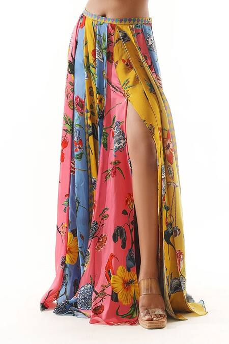 Buy_Mahima Mahajan_Multi Color Organza, Satin, Silk Embroidery Floral Print Panelled Skirt _Online_at_Aza_Fashions