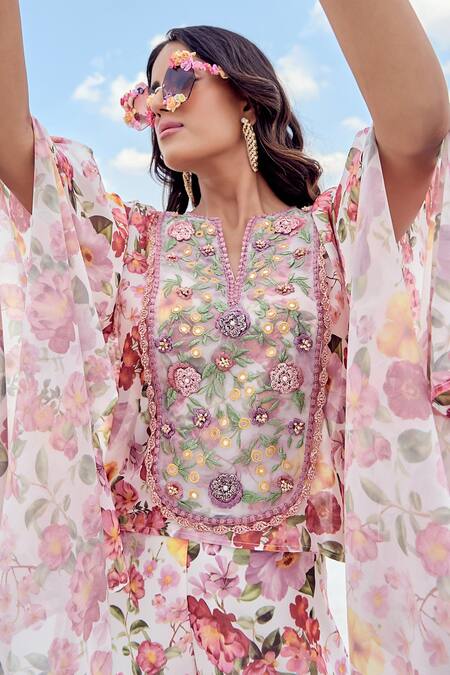 Shop_Nikita Vishakha_Pink Organza, Georgette Embroidery V-neck Floral Print Kaftan And Flared Pant Set _Online_at_Aza_Fashions