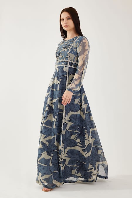 Shop_Koai_Blue Chiffon Embroidery Round Neck Floral Print Maxi Dress_Online_at_Aza_Fashions