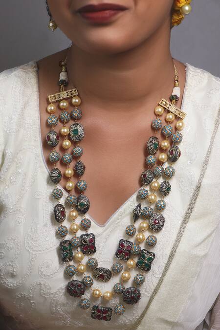 Shop Ishhaara Gold Plated Stones, Pearls Layered Victorian Necklace Set Online at Aza Fashions Shop_Ishhaara_Gold Plated Stones, Pearls Layered Victorian Necklace Set _Online_at_Aza_Fashions